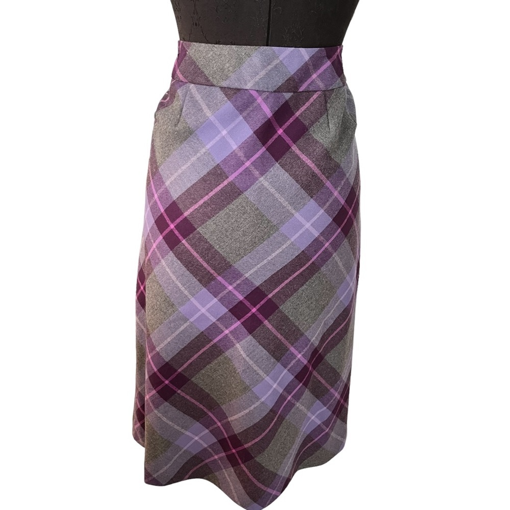 Pendleton Gray Purple Plaid A-Line 100% Wool Skirt 8 Tall Made in USA